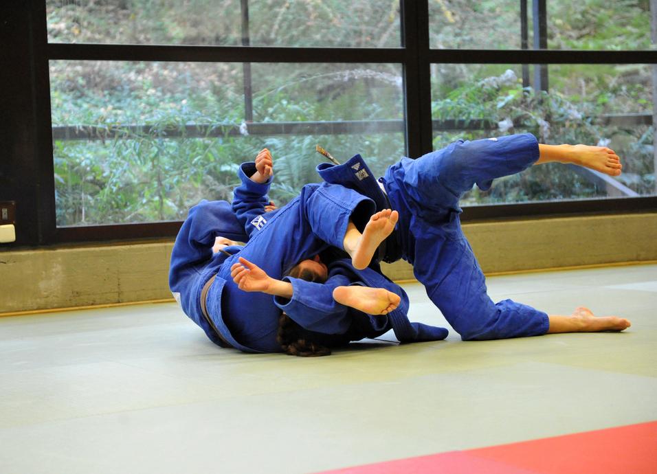 Zwei Judoka in blauer Judokleidung üben einen Bodenkampf auf einer tatami in einem lichtdurchfluteten Raum.