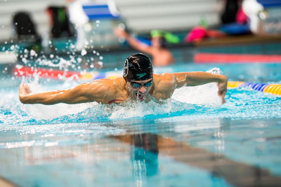 Schwimmer im Wettkampf bei der Schmetterlingsbewegung in einem Hallenbad, Wasser spritzt um ihn herum.